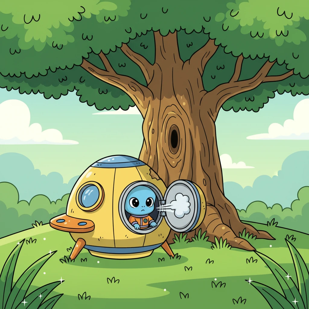 With a gentle whoosh, Pippin's spaceship landed softly in a patch of bright green grass, nestled beside a giant, leafy tree. The hatch slowly hissed open, revealing a shy, wide-eyed alien peeking out. Sunlight dappled through the leaves, making the new world sparkle.