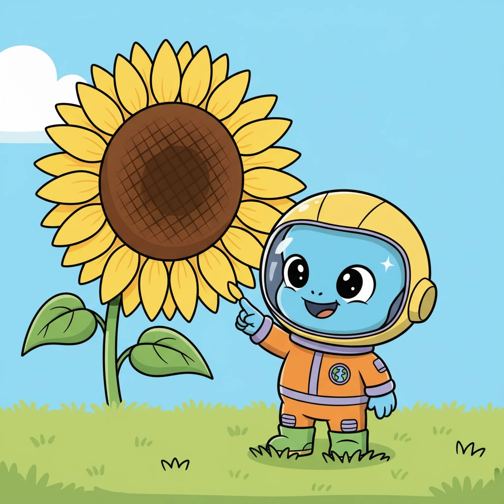 Pippin carefully stepped out, its little three-toed feet sinking slightly into the soft grass. A huge, cheerful sunflower, taller than Pippin, tilted its head towards the sky, bursting with bright yellow petals. Pippin's eyes widened in wonder, reaching out a tiny finger to gently touch a petal.