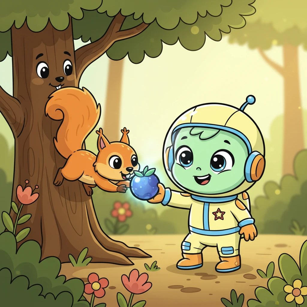 Suddenly, a fluffy, orange squirrel with a bushy tail scampered down the tree trunk, chattering excitedly. Pippin giggled, holding out a shimmering, glowing berry from its home planet. The squirrel cautiously sniffed the berry, then happily nibbled it, making a new friend with a twitch of its nose.