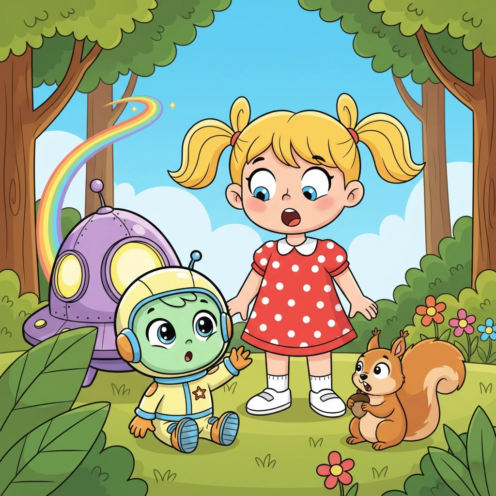 A little girl named Lily, with bright pigtails and a polka-dotted dress, stumbled upon the peculiar spaceship and the alien playing with the squirrel. Her eyes grew as big as saucers, a mix of surprise and pure delight. Pippin, startled but curious, waved a tiny hand.