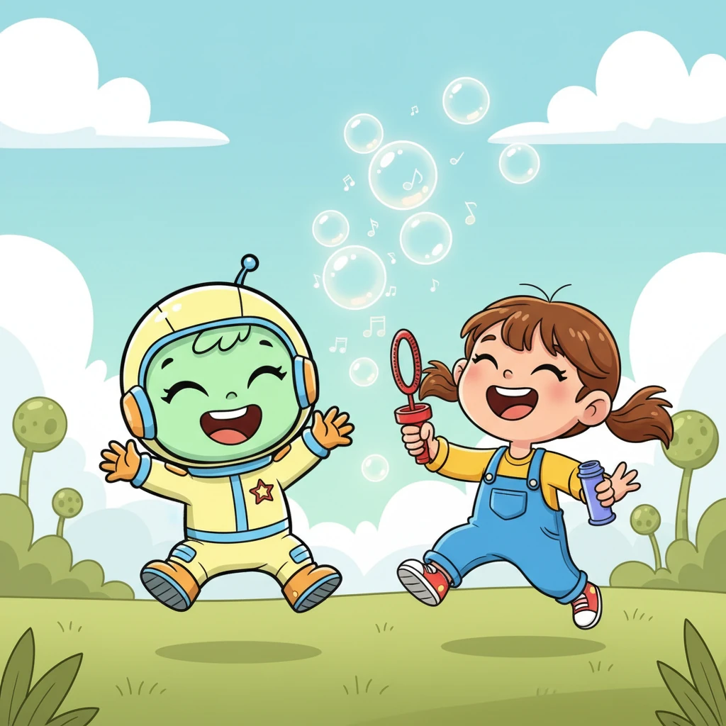 Lily, overcoming her initial shock, showed Pippin how to blow soap bubbles that shimmered with rainbow colors. Pippin, with its exaggerated grin, created its own floating, glowing orbs that bounced and chimed like tiny bells. They chased the bubbles and orbs, laughing joyfully together.