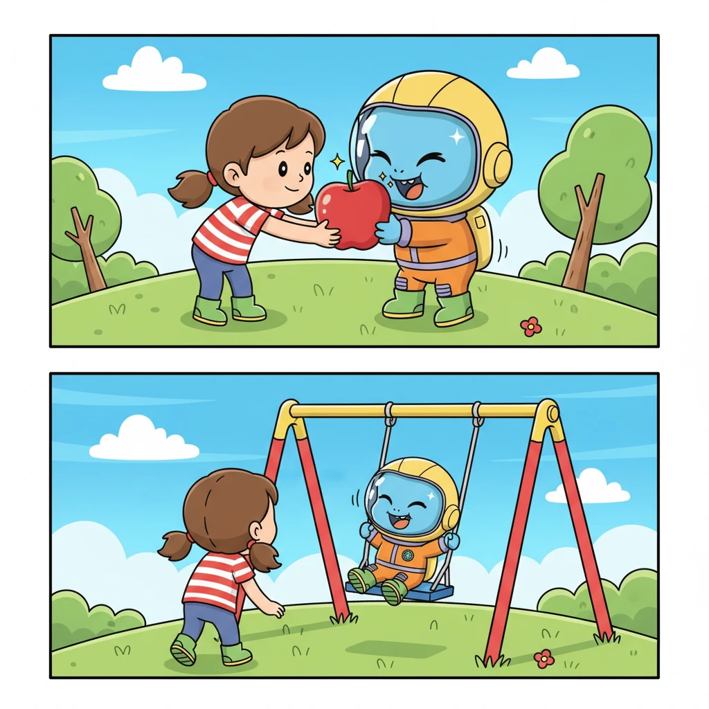 Lily offered Pippin a juicy, red apple, which the alien tentatively sniffed before taking a delighted bite. Its expressive face scrunched up in a happy surprise at the sweet, crisp taste. Later, Lily pushed Pippin on a swing, sending the alien soaring high into the sky, its tiny limbs flailing in pure glee.