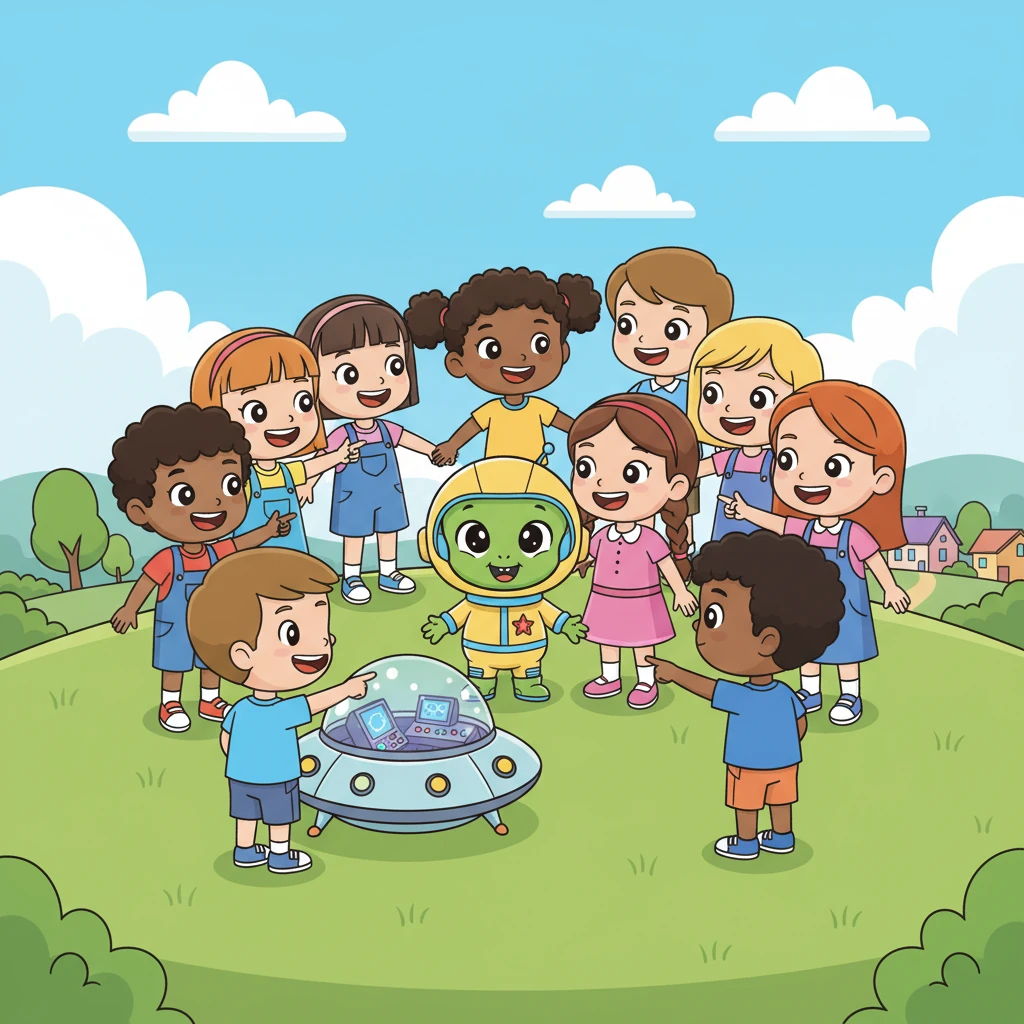 Soon, Lily introduced Pippin to her other friends, a diverse group of giggling children. They all gathered around, fascinated by Pippin's spaceship and its glowing gadgets. They shared stories and played games, creating a circle of diverse, happy faces.