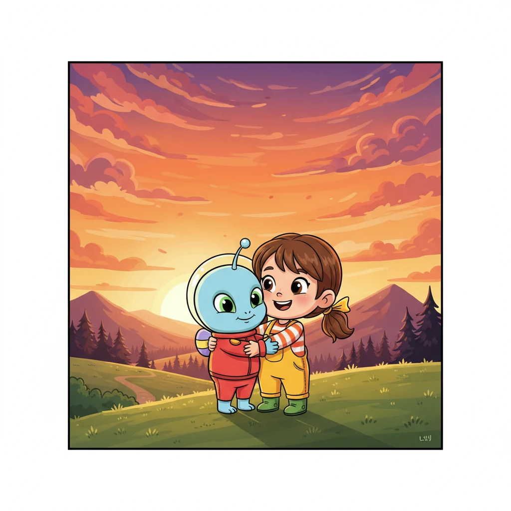 As the sun began to set, painting the sky in fiery oranges and soft purples, Pippin knew it was time to go. It hugged Lily goodbye, its heart full of warmth and new memories. Pippin promised, with a happy chirp, to visit again very soon.