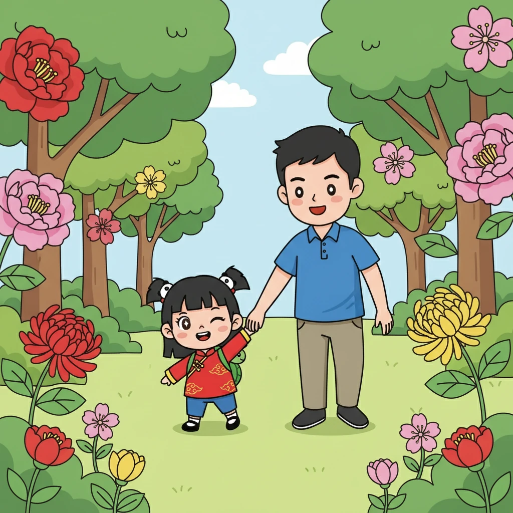 一岁的周丽娟蹒跚学步，摇摇晃晃地走在公园里。她的小手紧紧抓住爸爸的手，脸上洋溢着开心的笑容。周围的树木和花朵都仿佛在为她欢呼。