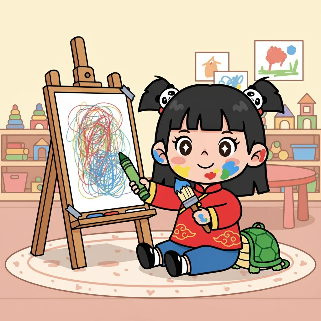 两岁的周丽娟坐在画板前，拿着画笔涂鸦，脸上沾满了颜料。她专注地创作着，用稚嫩的笔触描绘着她眼中的世界，充满了天真与烂漫。