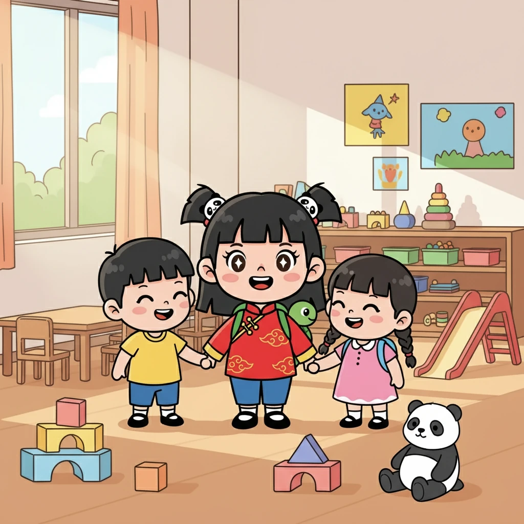 三岁的周丽娟第一次走进幼儿园，好奇地看着周围的一切。她和新朋友们一起玩耍，开心地笑着，度过了一个充满乐趣的下午。