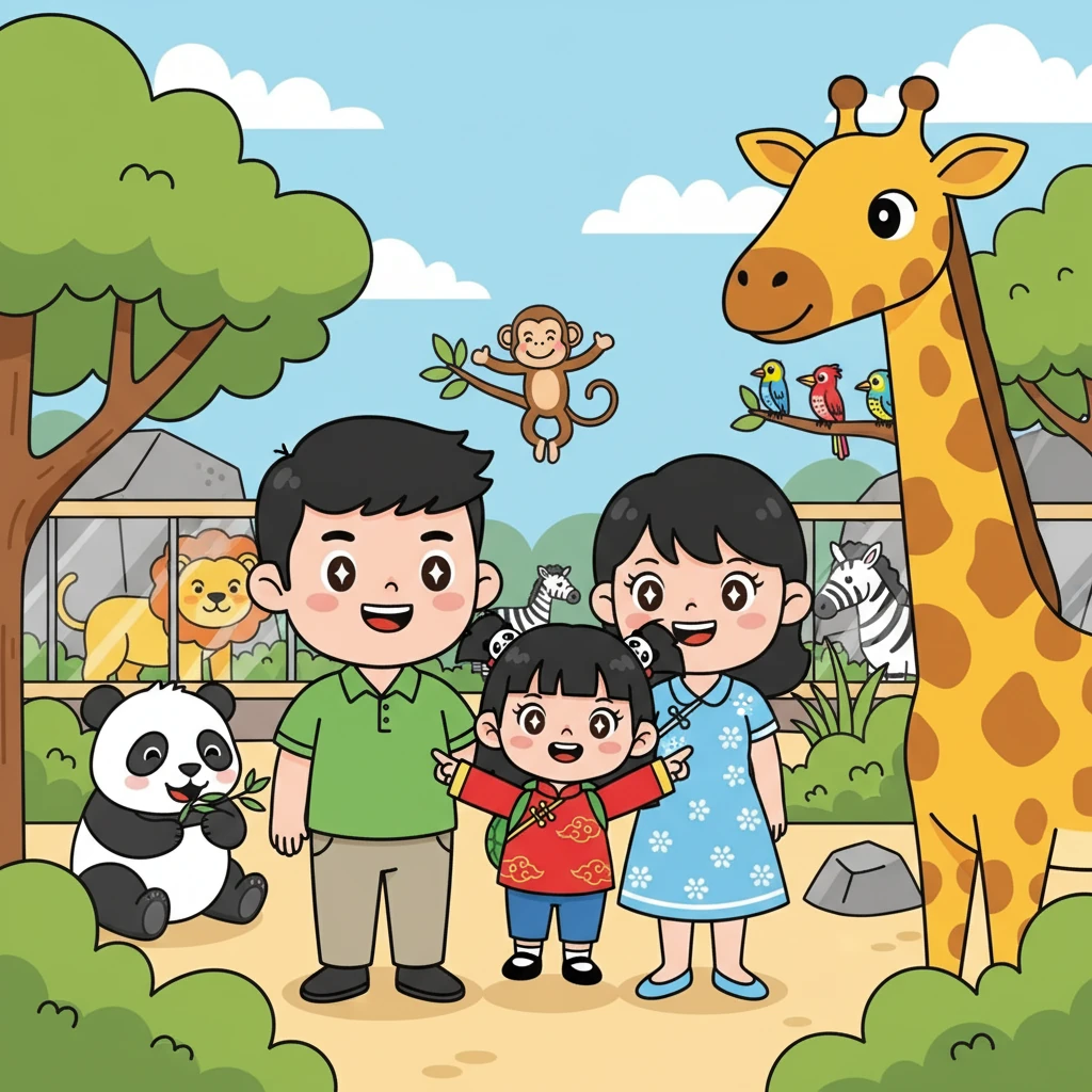 四岁的周丽娟和爸爸妈妈一起去动物园，兴奋地指着各种动物。她对世界充满了好奇，每一个新发现都让她惊喜不已。