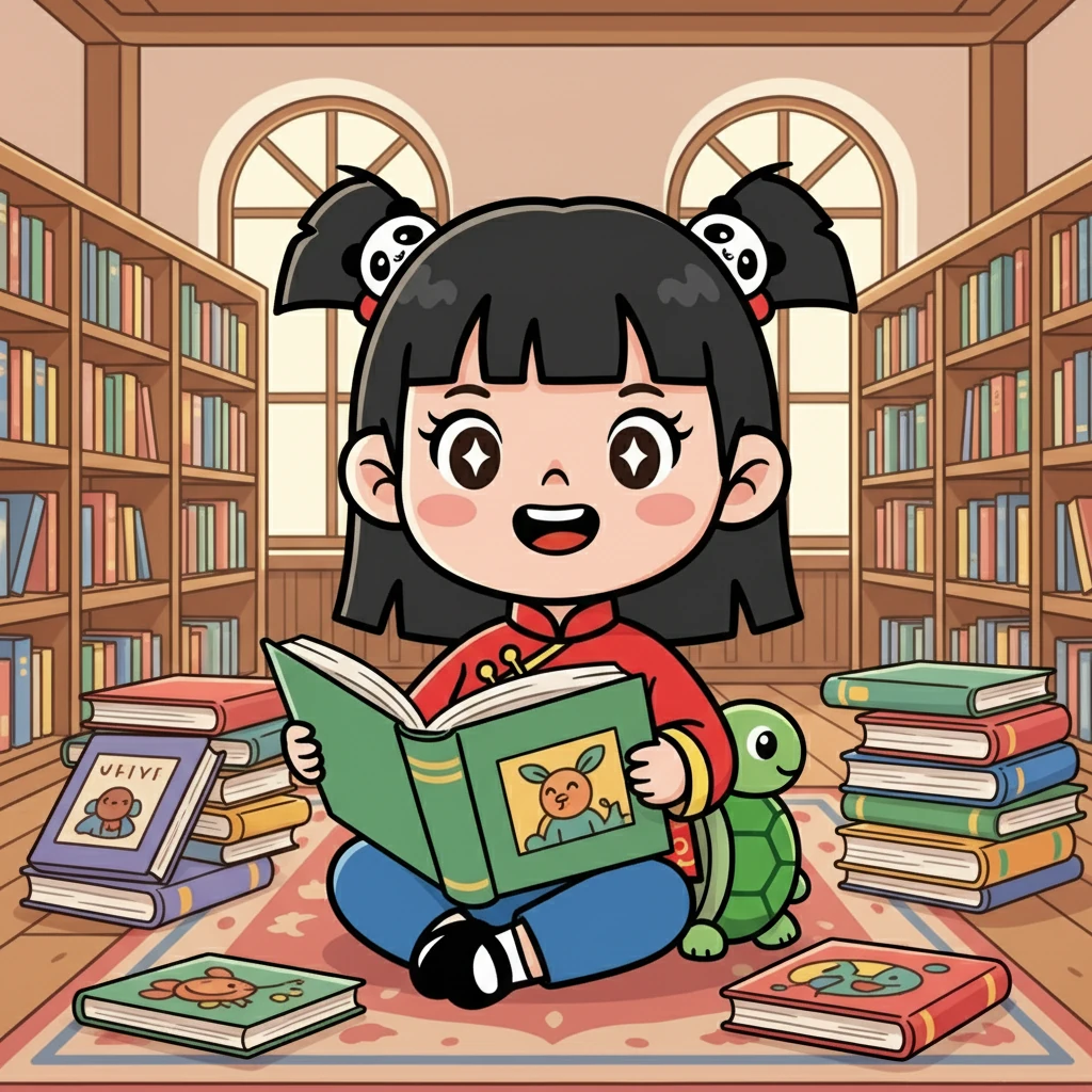 七岁的周丽娟在图书馆里阅读，沉浸在书的世界里。她翻阅着一本本故事书，感受着知识的魅力，丰富着自己的内心世界。