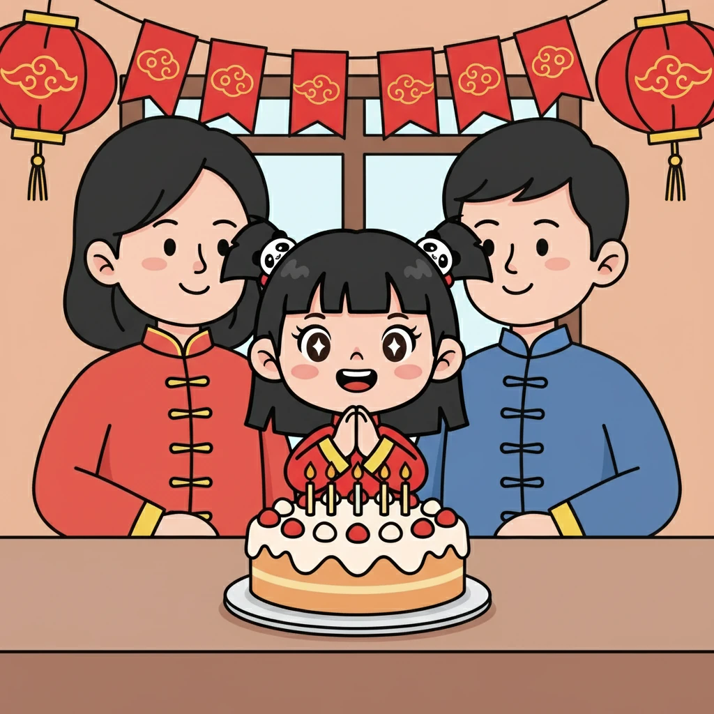 八岁的周丽娟和家人一起庆祝生日，蛋糕上插着蜡烛。她许下美好的愿望，脸上写满了幸福，享受着温馨的家庭时光。