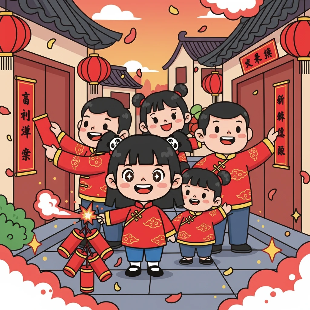 周丽娟和她的家人一起庆祝新年，贴春联，放鞭炮，感受着浓浓的年味。她和家人一起分享着快乐，珍惜着团聚的时光。