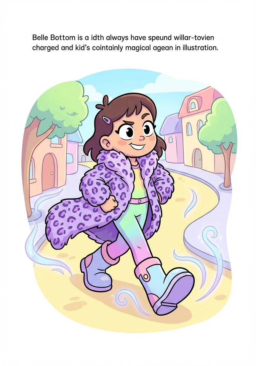 Belle Bottom struts down the street, her purple leopard-print coat billowing behind her. She's heading towards a secret meeting, unaware of the magical energy building within.
