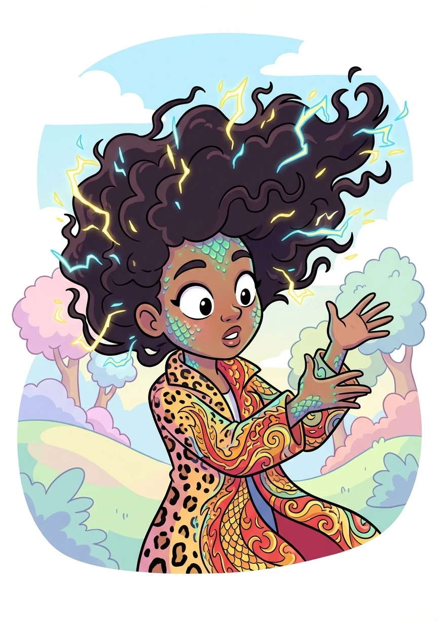 Her afro begins to crackle with energy, and her skin shimmers with scales. The leopard print on her coat morphs into intricate dragon patterns.