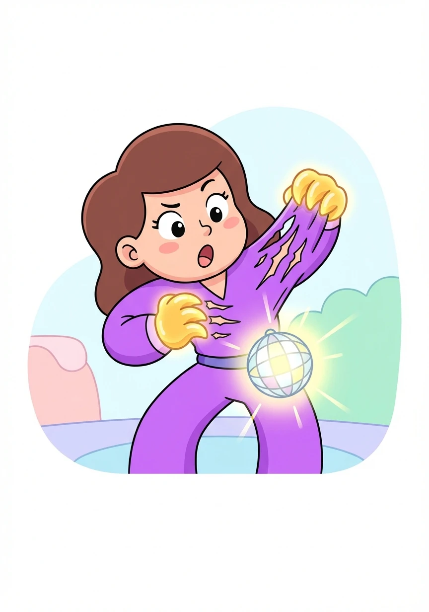 Her hands elongate into sharp, golden claws, tearing through her purple jumpsuit. The disco ball on her belt starts to glow intensely.