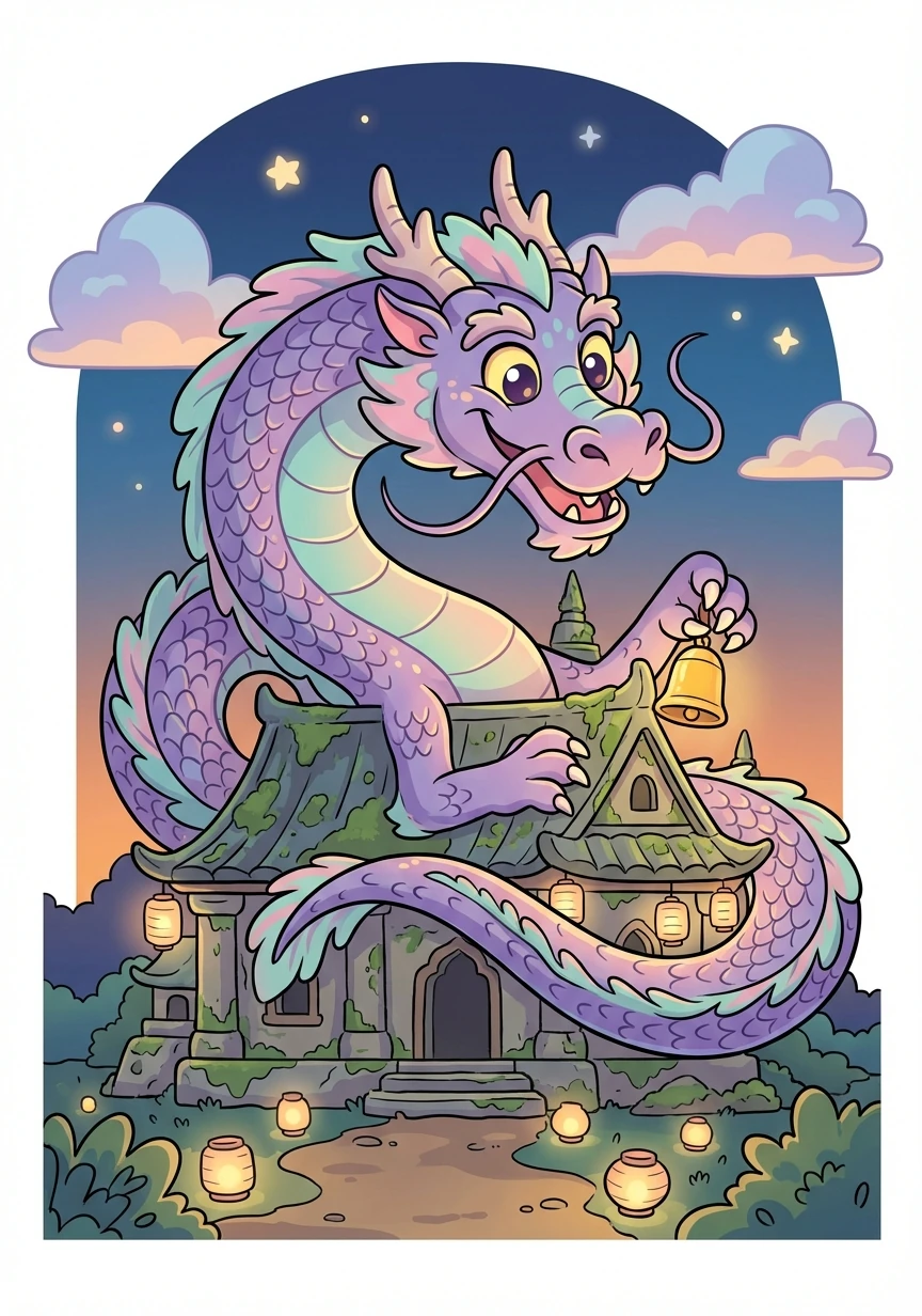 Now fully transformed into a magnificent Eastern dragon, Belle towers over the temple. Her purple scales gleam in the dim light.