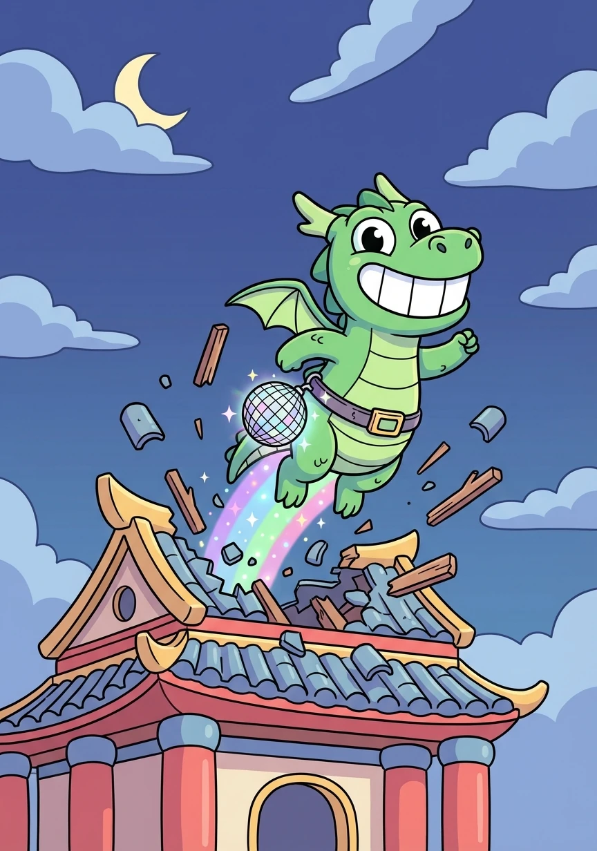 Belle, in her dragon form, bursts through the temple roof, soaring into the night sky. The disco ball on her belt trails a shimmering light.
