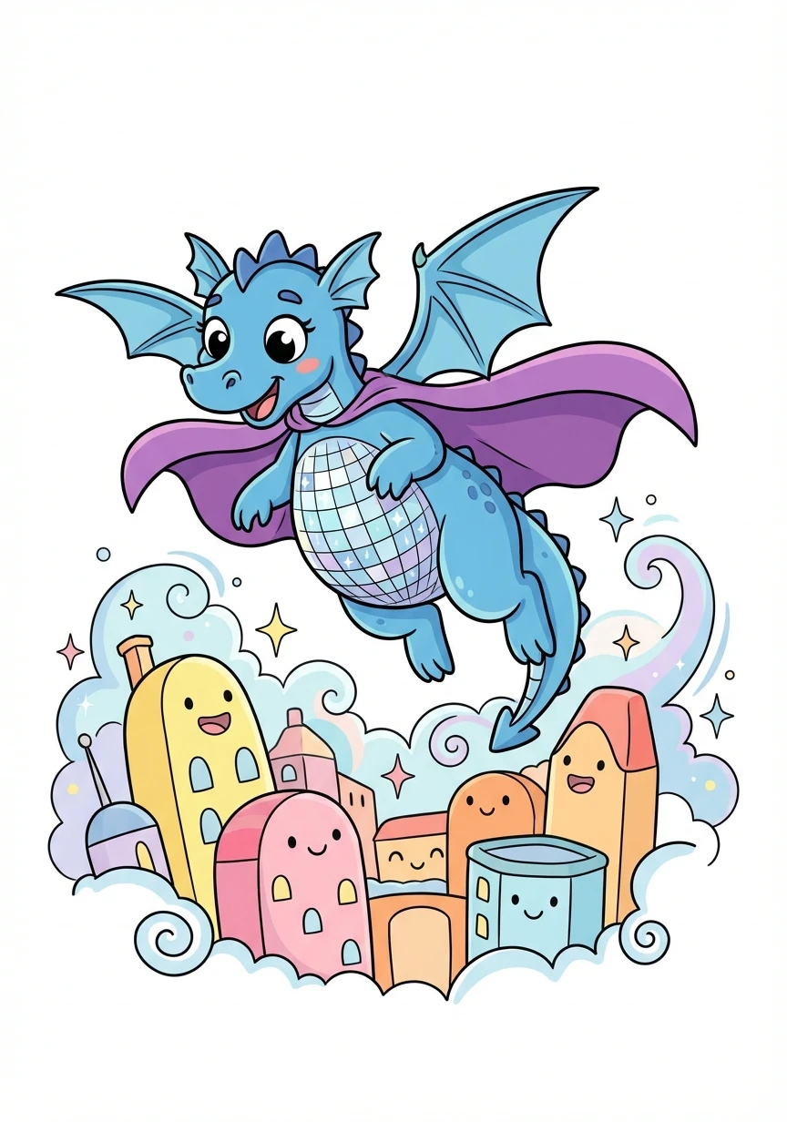 Belle flies over the city, a powerful protector watching over everything. She has embraced her destiny as the disco dragon, ready to face any challenge.