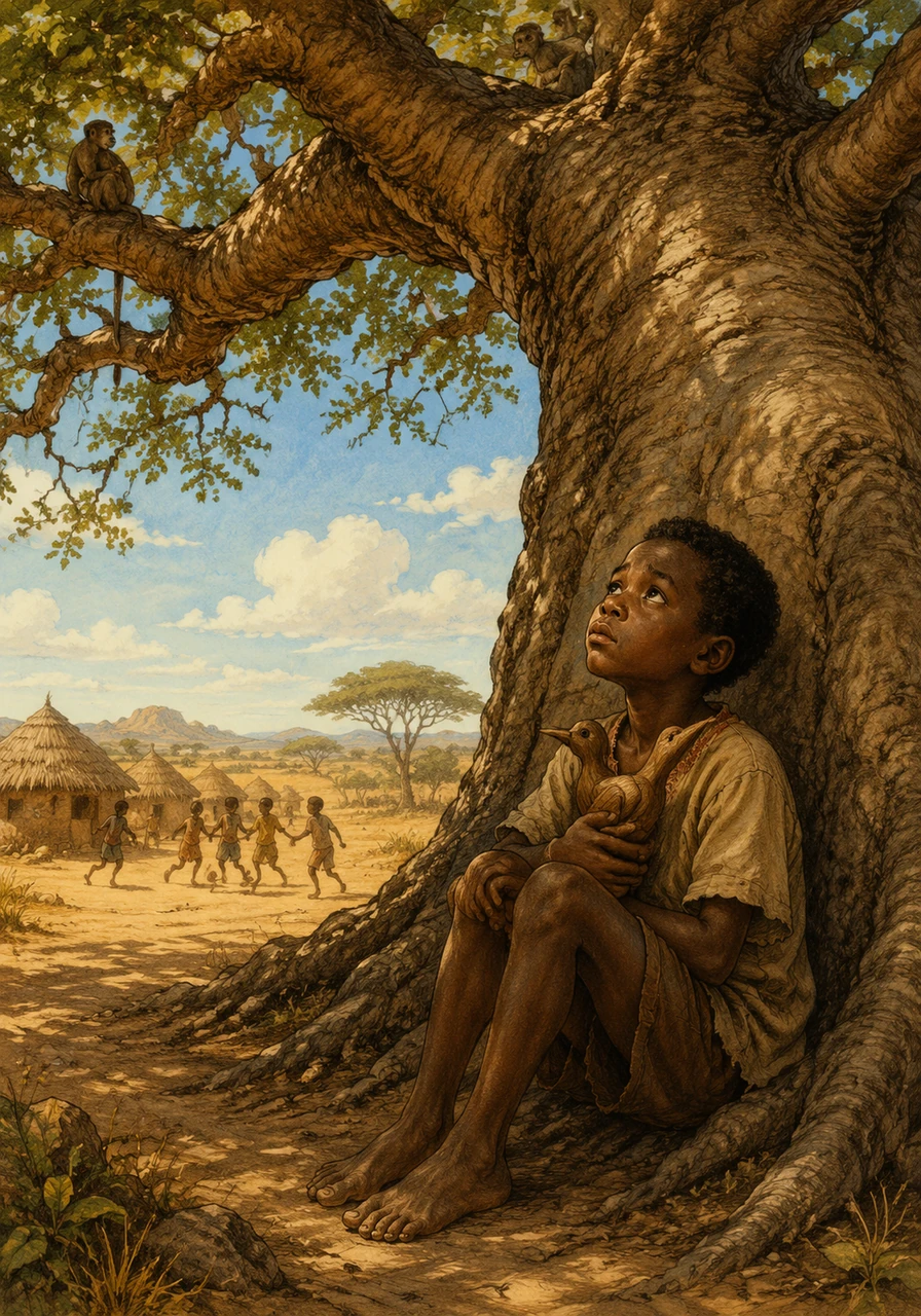 In the heart of a sun-drenched African savanna, nine-year-old Kofi sat alone beneath the shadow of the great baobab tree, feeling small and unnoticed. The village children often laughed at his big dreams, whispering that a boy so frail could never achieve anything grand. Kofi clutched his wooden carved bird, looking up at the sky and wishing for a chance to prove them wrong.