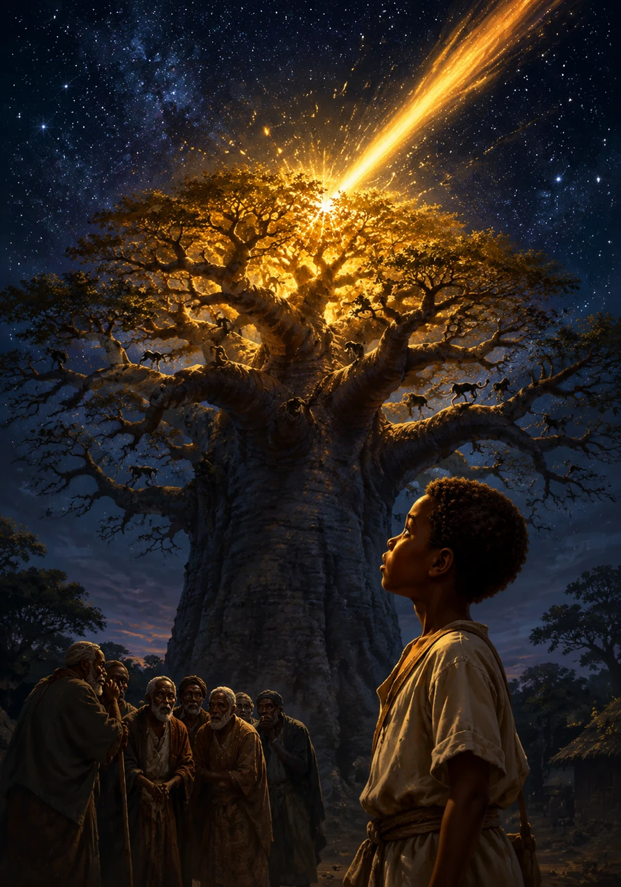 That very night, the sky erupted in a brilliant flash of gold as a shooting star streaked across the cosmos and crashed directly into the crown of the giant baobab. The entire village shook, waking the elders who gathered in fear, murmuring about omens and untouchable celestial magic. While the adults hesitated, Kofi stared at the glowing treetop with wide, determined eyes.