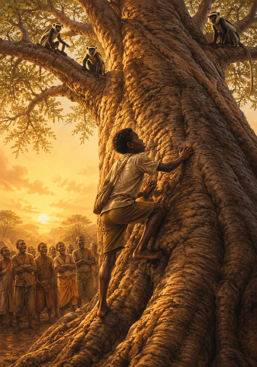 As dawn broke, Kofi stood at the base of the massive baobab, its twisted trunk stretching toward the heavens like an ancient fortress. The other villagers mocked his ambition, telling him he was too weak to climb such a monstrous tree. Ignoring their doubts, Kofi placed his small hands on the rough, warm bark and took his first brave step upward.