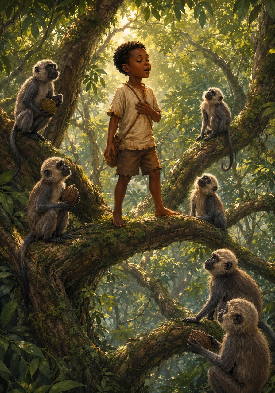 The climb was grueling, and the lower branches were guarded by a troop of chattering velvet monkeys who threw seed pods to protect their territory. Instead of fighting back, Kofi gently sang a soft lullaby his grandmother taught him, calming the creatures until they curiously stepped aside to let him pass. He realized that force was not the only way to clear a path.