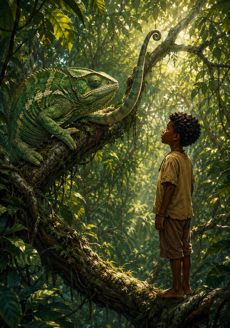 Higher up, the sunlight faded into a dense canopy of thick green leaves, where a magnificent, multi-colored chameleon blocked his way, shifting colors rapidly in anger. Kofi stood perfectly still, showing no fear and breathing calmly until the chameleon recognized his pure intentions. The ancient reptile blinked slowly and faded into a soothing shade of green, pointing the boy toward the upper branches.