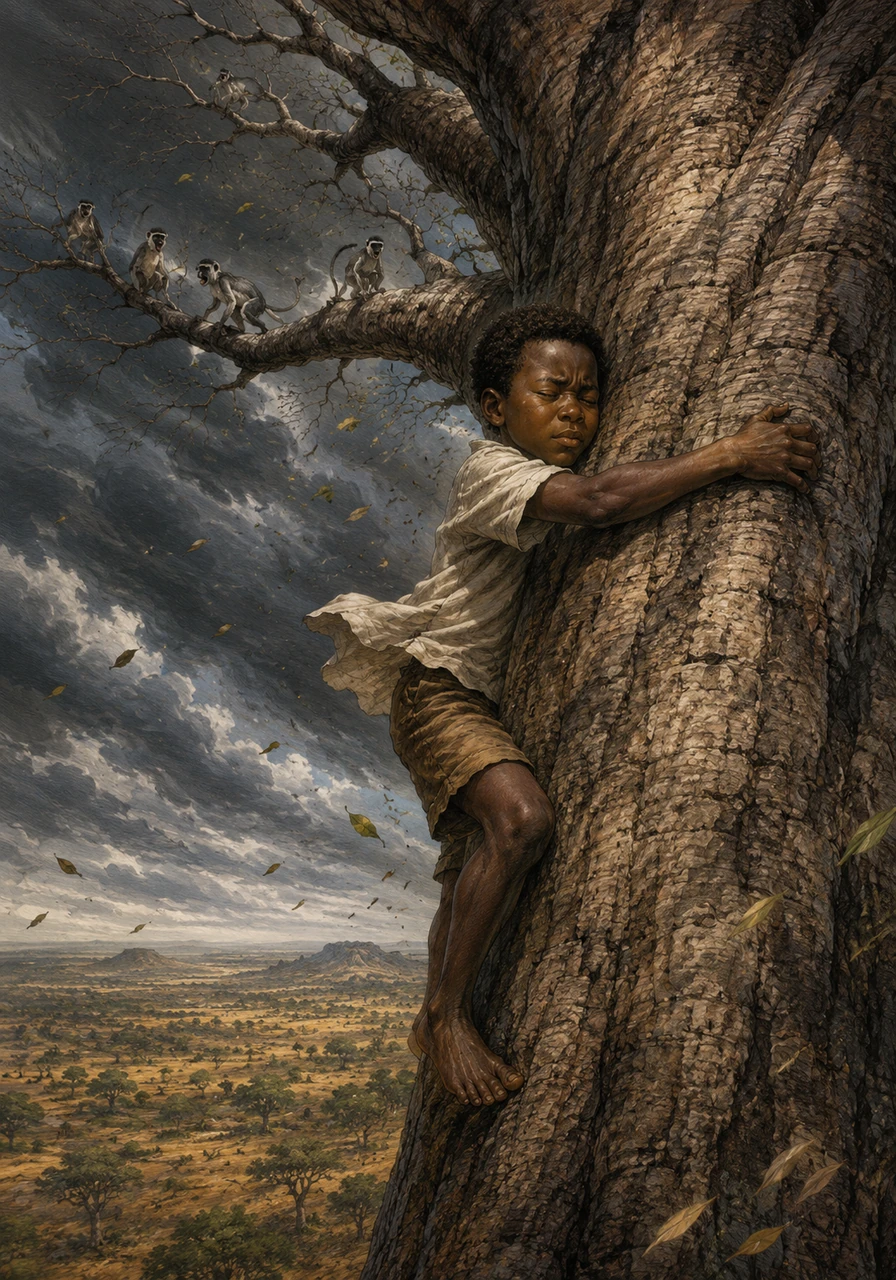 A sudden, fierce wind swept across the savanna, threatening to rip Kofi from his fragile perch high above the ground. Hugging the massive trunk tightly, he closed his eyes and listened to the steady, deep heartbeat of the ancient baobab tree. In that moment of terrifying silence, Kofi found a spark of quiet inner strength he never knew he possessed.