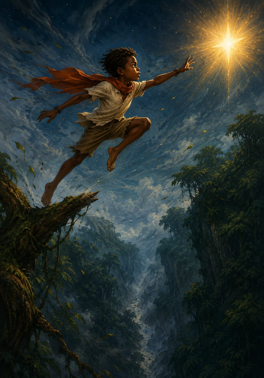 ly emerging above the thick canopy, Kofi faced his greatest challenge: a wide, perilous gap between the final branches and the glowing star. Below him lay a dizzying drop, and doubt briefly clouded his mind as the wind howled around him. Remembering the mockery of the village, he took a deep breath, trusted his heart, and made a daring leap across the open air.