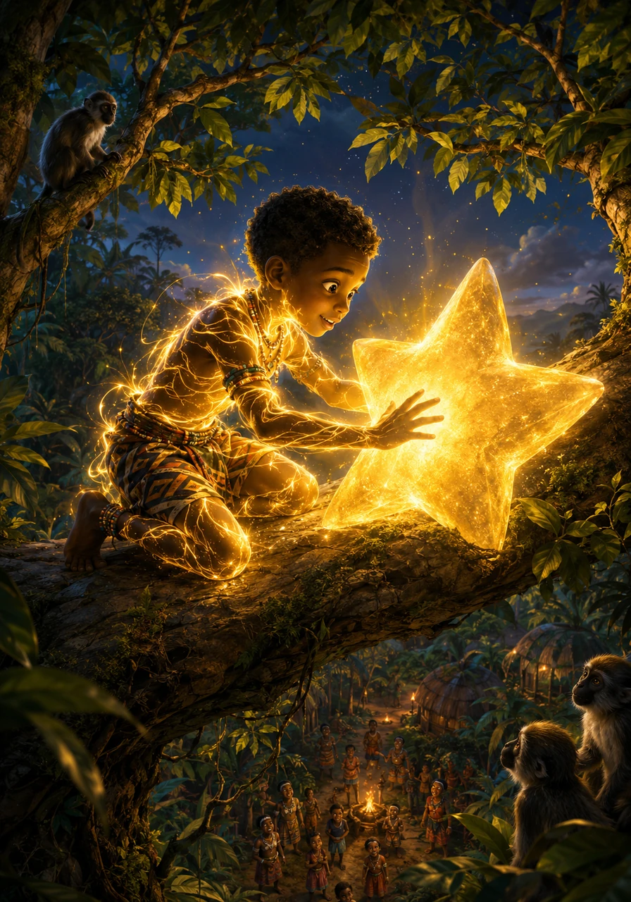 Kofi landed safely on the highest branch and came face-to-face with the fallen star, which pulsated with a warm, gentle golden light. As he reached out and touched its smooth surface, a wave of ancient energy surged through him, illuminating his entire body. The star did not burn him; it welcomed him, recognizing the pure courage of his spirit.