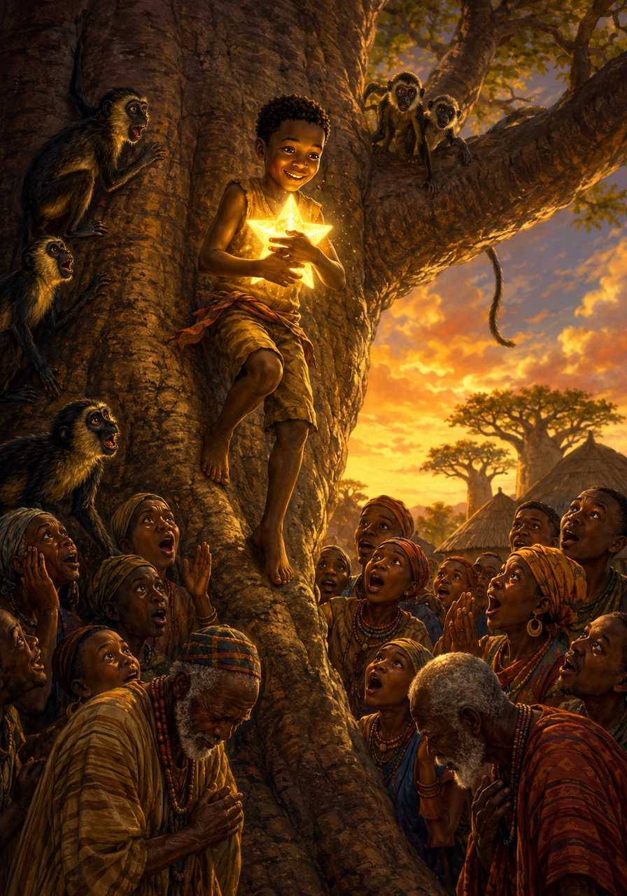 With the glowing star cradled safely against his chest, Kofi descended the grand baobab tree, looking transformed and radiant. The villagers gathered at the base, their cynical whispers turning to gasps of awe and cheers of celebration as the boy they dismissed returned as a hero. The elders bowed their heads in respect, realizing they had severely underestimated the young boy's spirit.