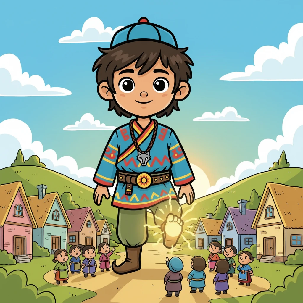 The boy, named Temujin, grew at an astonishing rate, his golden toe gleaming. He was kind, but his size made him different. The villagers watched him, wondering if he was truly the hero they awaited, a beacon of hope for their future.