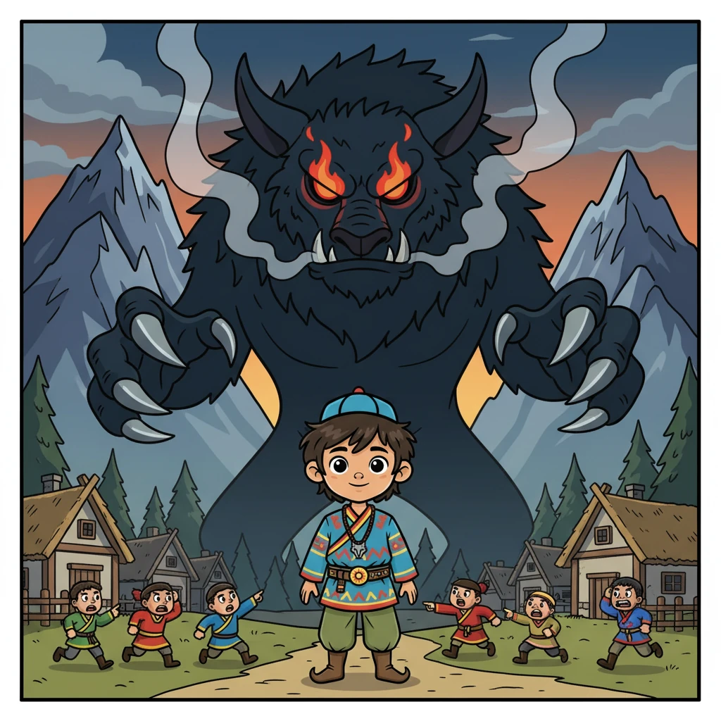 One day, a monstrous shadow fell upon Arkha. A fearsome beast, with claws of iron and eyes of fire, emerged from the mountains, threatening the village. Panic spread, but Temujin stood tall, ready to defend his people.