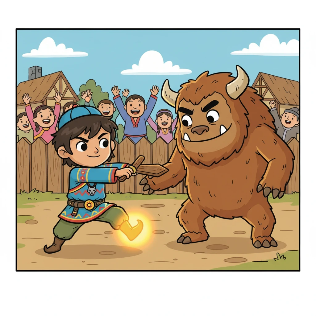 Temujin, with his golden toe glowing, faced the beast. He fought with courage and strength, his size an advantage. The villagers cheered as he battled, their hope renewed, watching the boy become the hero they needed.