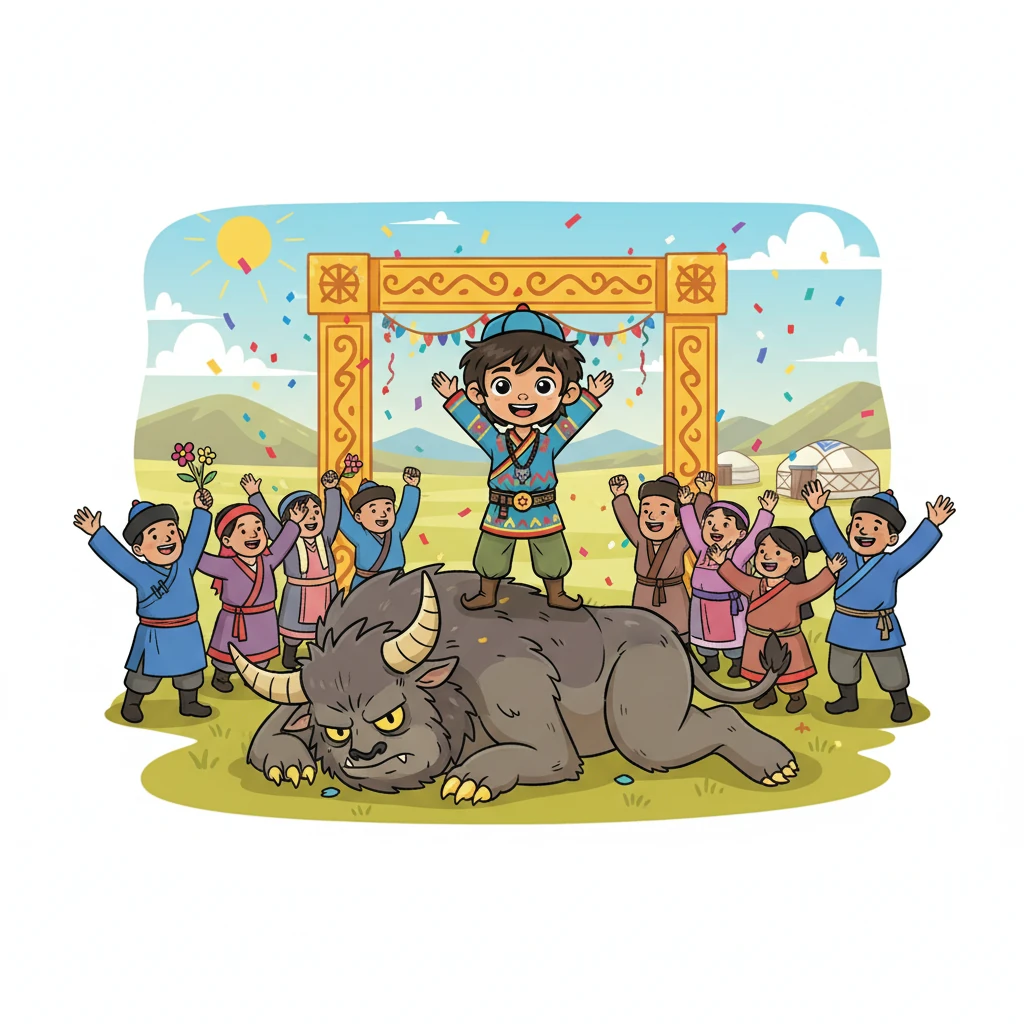 Finally, with a mighty roar and a final blow, Temujin vanquished the beast. The village rejoiced, celebrating their golden-toed hero. Temujin, now a symbol of bravery, knew his journey had just begun, and the steppes of Arkha were safe.