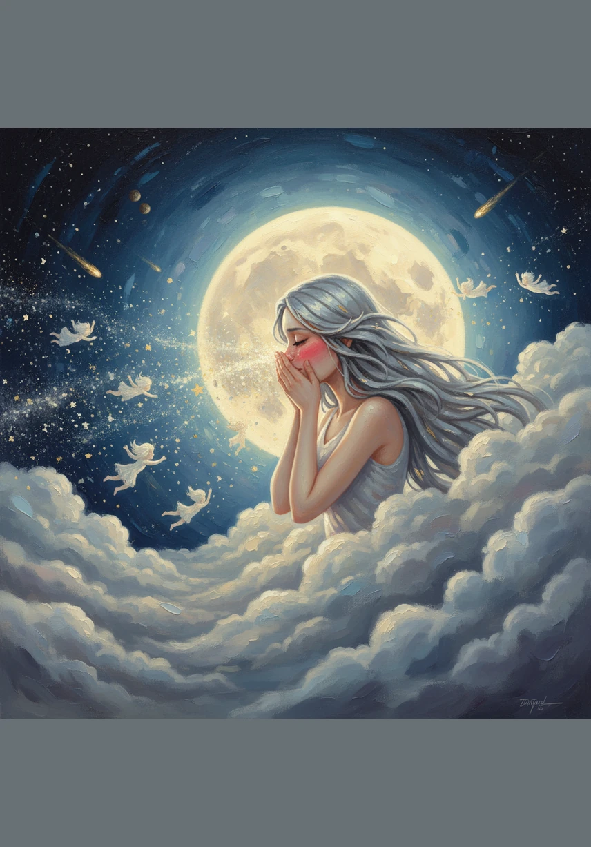 High in the velvet sky, Luna the Moon was glowing with a radiant silver light. Suddenly, she let out a massive, sparkling sneeze that sent stardust swirling in every direction, making her blush so hard she hid behind a thick bank of clouds.