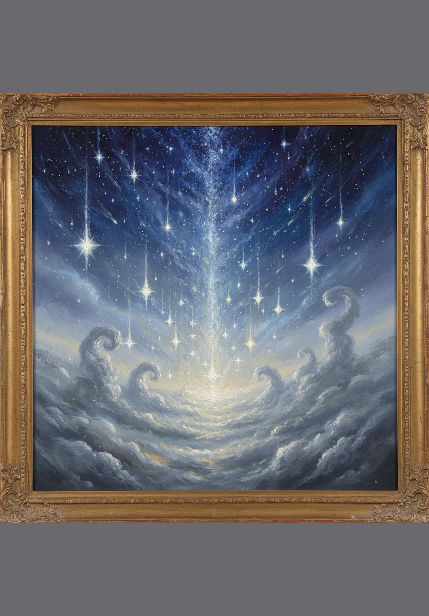 The stars descended into the swirling mists of the Great Cloud Forest, casting tiny beams of light through the vapor. They held onto each other’s rays, forming a glowing chain that flickered like a string of pearls against the deep blue dark.