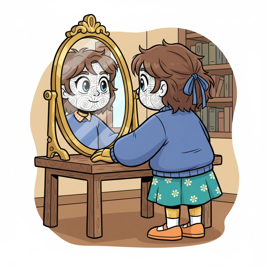 Lumina, with her wispy brown hair tied loosely, gazed into a polished brass mirror. Her delicate paper face, a soft swirl of black and white lines, reflected back, contrasting beautifully with her gleaming, golden brass hands. She often wondered about her unique appearance, but today, a spark of curiosity flickered in her expressive paper eyes.