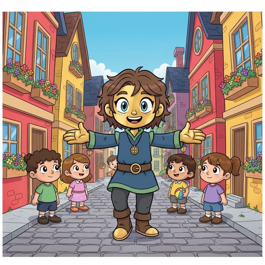 Stepping out, Lumina entered a world bursting with color. Houses painted in candy-apple reds and sunny yellows lined cobblestone streets, and cheerful flowers bloomed in every window box. Children playing nearby paused their games, their eyes wide with friendly wonder at her distinctive features, but a warm smile from Lumina quickly put them at ease.