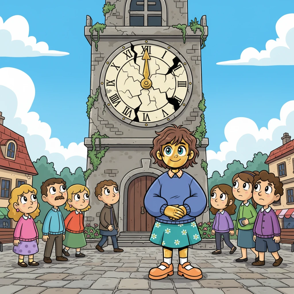 As she strolled through the town square, Lumina noticed the old town clock. Its once vibrant face was now faded and cracked, its hands stuck at noon, making the whole square feel a little droopy. A small sigh escaped her paper lips as she saw the townsfolk glance up at it with wistful expressions.