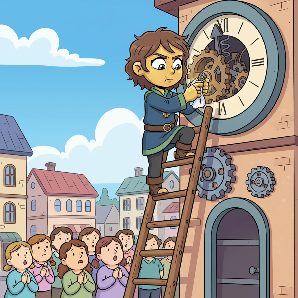 Lumina carefully climbed a tall, wobbly ladder, her brass hands surprisingly agile and strong. With precise movements, she began to tinker with the clock's intricate gears, her golden fingers deftly turning tiny cogs and polishing tarnished parts. The townsfolk watched in silent awe from below.