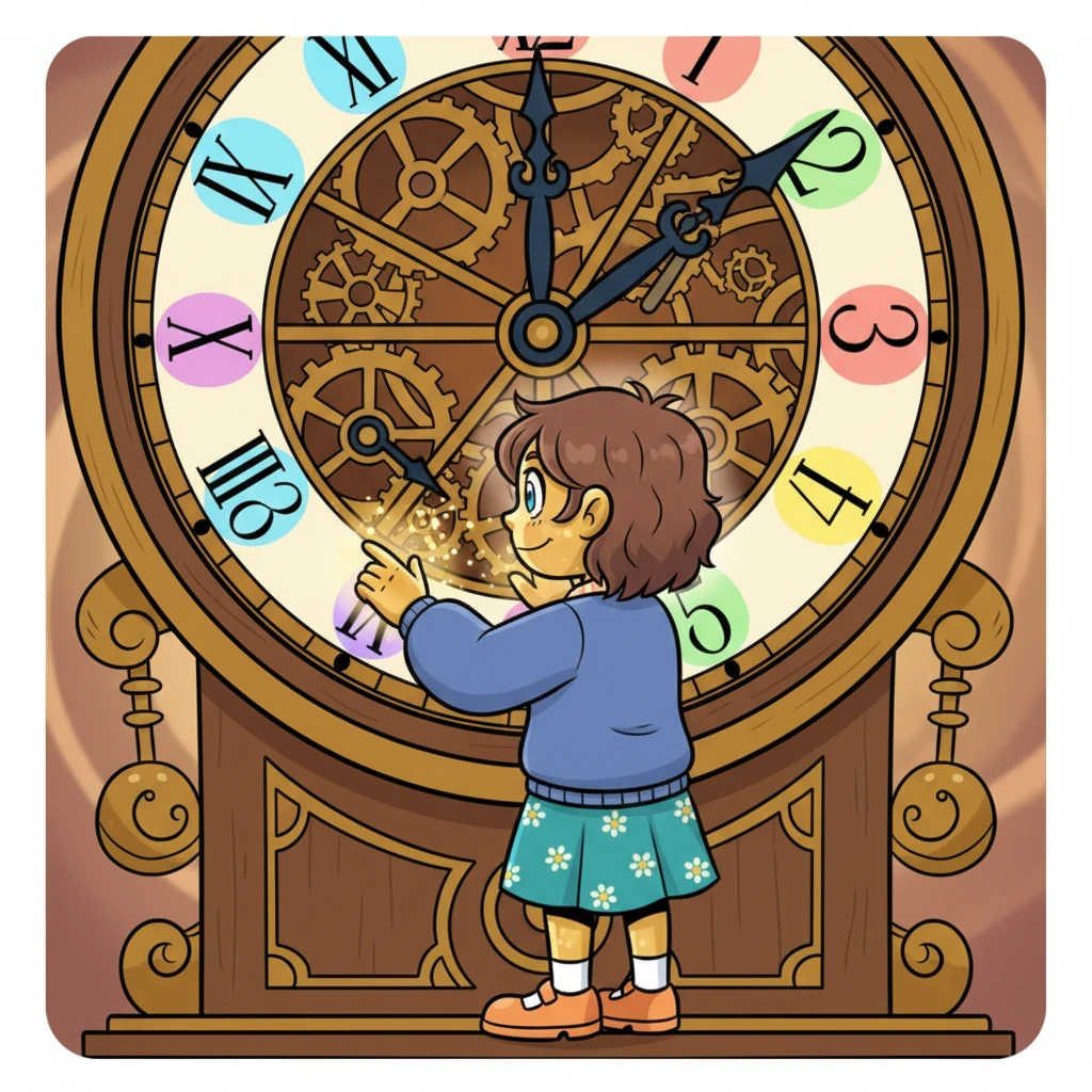 Despite the challenge, Lumina's black and white paper face glowed with gentle concentration. Her brows furrowed slightly as she focused, but a tiny, joyful smile played on her lips as she felt the old mechanism slowly begin to respond to her touch. The vibrant colors of the clock face seemed to brighten under her care.