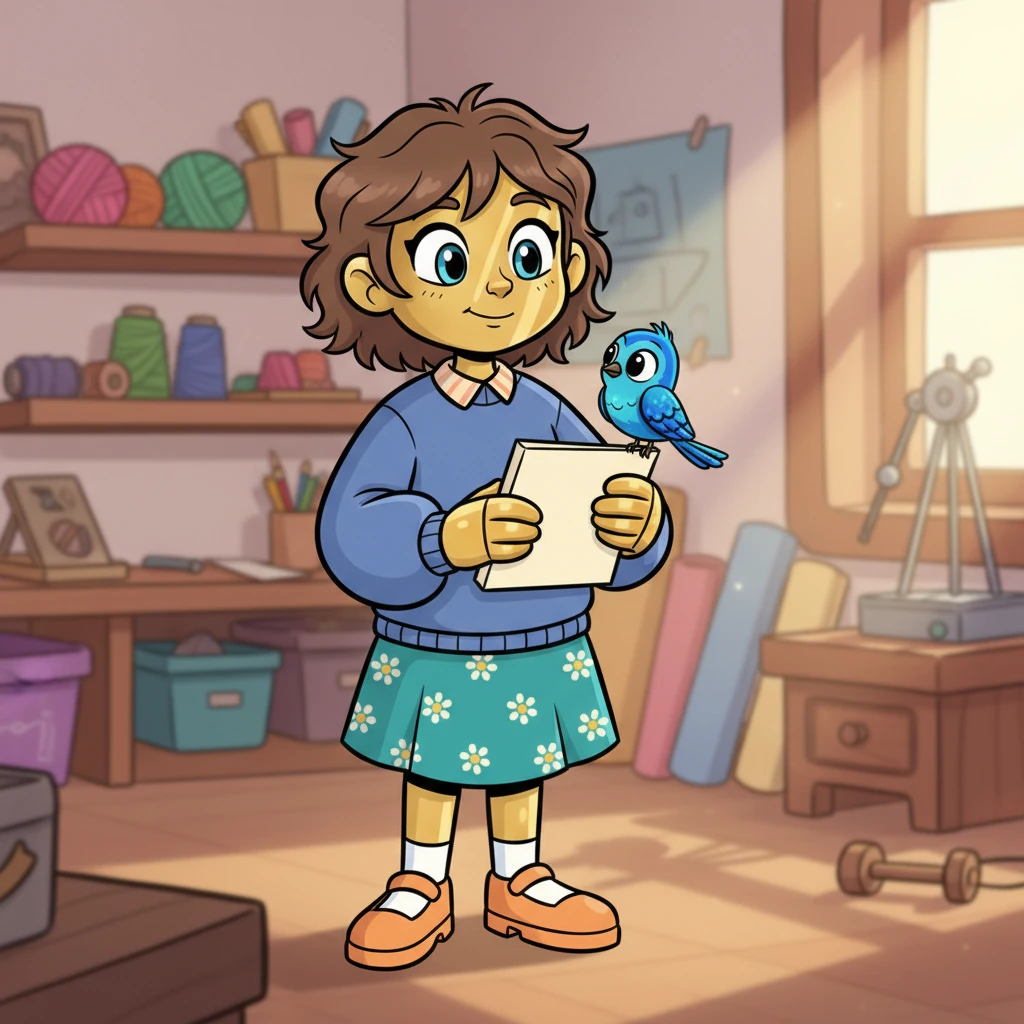 A tiny, sapphire-blue bird, with feathers like tiny jewels, fluttered down and perched delicately on Lumina's shoulder. It chirped softly, tilting its head, its bright eyes full of wonder at her unique paper face and gleaming hands. Lumina paused her work, offering a gentle, reassuring nod to her new feathered friend.