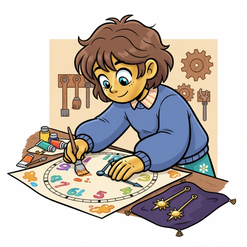 With the gears mended, Lumina turned her attention to the faded clock face. She carefully applied new, vibrant colors to the numbers and minute marks, using her brass hands to smooth out the paper surface. Then, she crafted delicate, golden brass hands for the clock, making them shine like tiny suns.