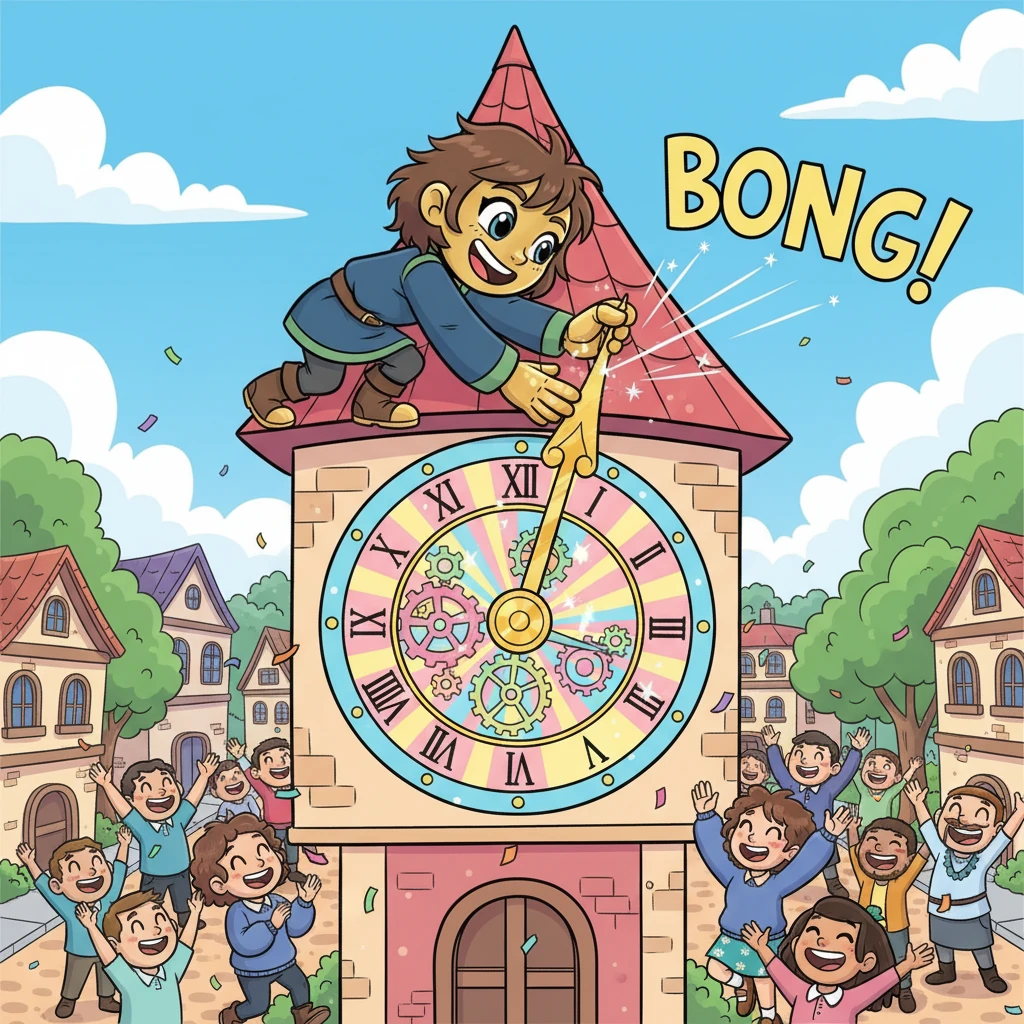With a final, gentle push, Lumina set the new brass hands into place. A magnificent "BONG!" echoed through the square as the clock chimed, its vibrant face now sparkling under the sun. The townsfolk burst into cheers, their faces lit with happiness, celebrating the return of their beloved clock.