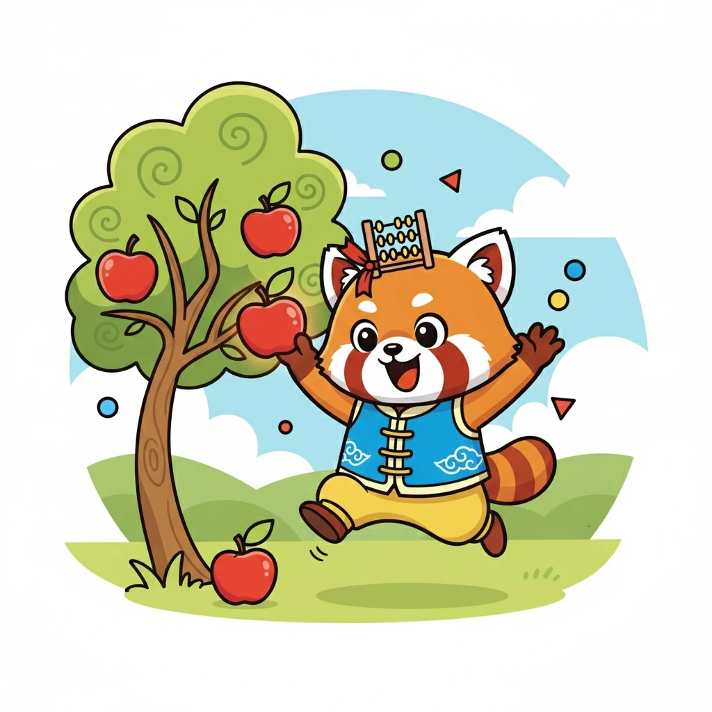 小点点来到了一个神奇的果园,里面种着一个苹果树,树上结着一个红彤彤的苹果。他兴奋地摘下了这个苹果,准备开始他的数字之旅。