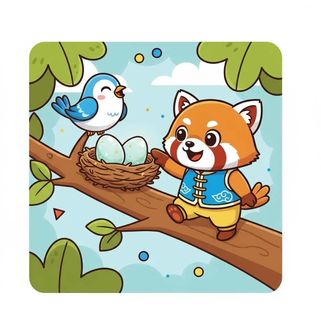 接下来,小点点遇到了一只友善的小鸟。小鸟的巢里有两颗闪闪发光的蛋。小点点和这只小鸟一起度过了一段快乐的时光。