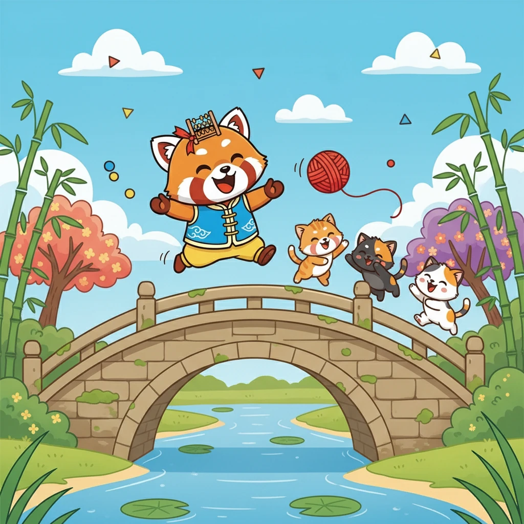 小点点继续前行,发现了一座小桥。桥上有三只可爱的小猫咪正在玩耍。小点点加入了它们,一起在桥上玩耍,欢声笑语响彻云霄。