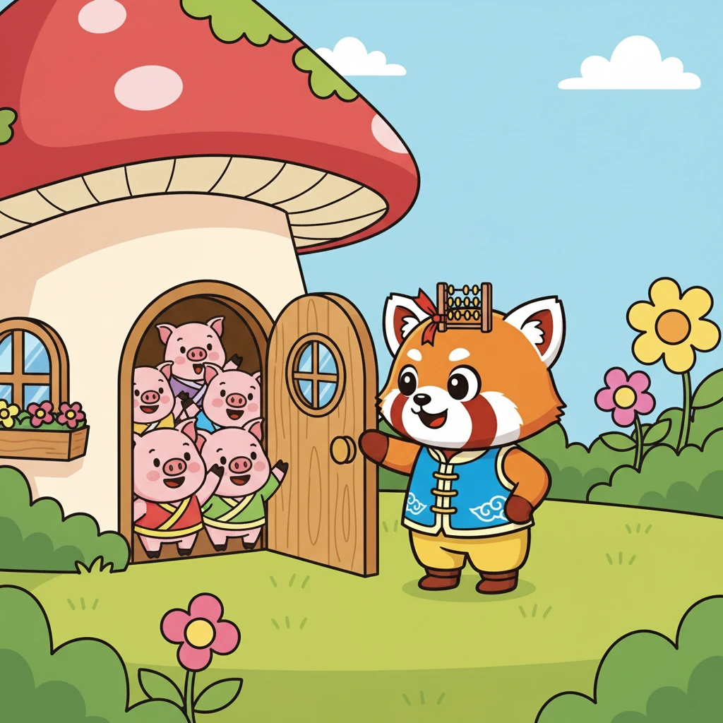 突然,小点点发现了一座小房子。房子里住着五只小猪。小点点敲了敲门,小猪们热情地邀请他进去做客。