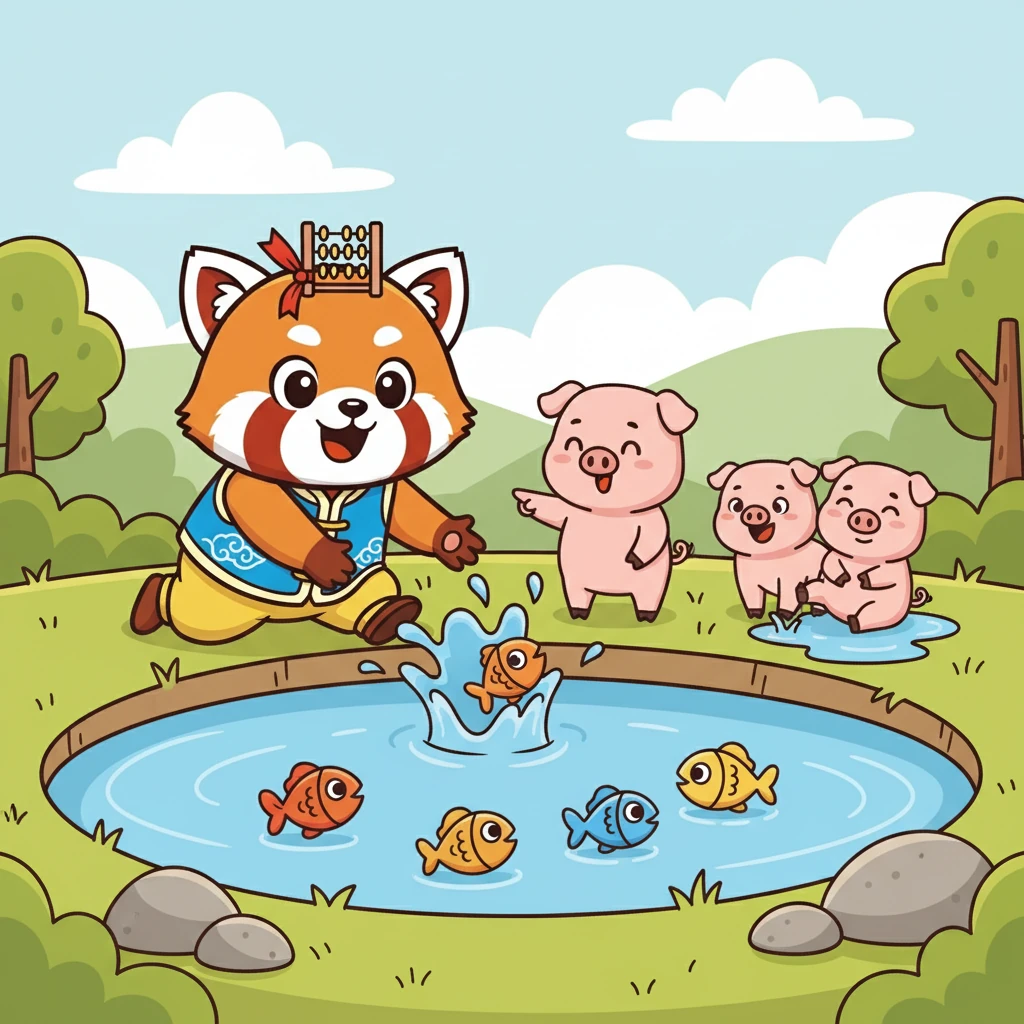 小点点和小猪们一起玩耍,他们来到了一个池塘边。池塘里有六条可爱的小鱼在游来游去,它们在水里快乐地嬉戏。