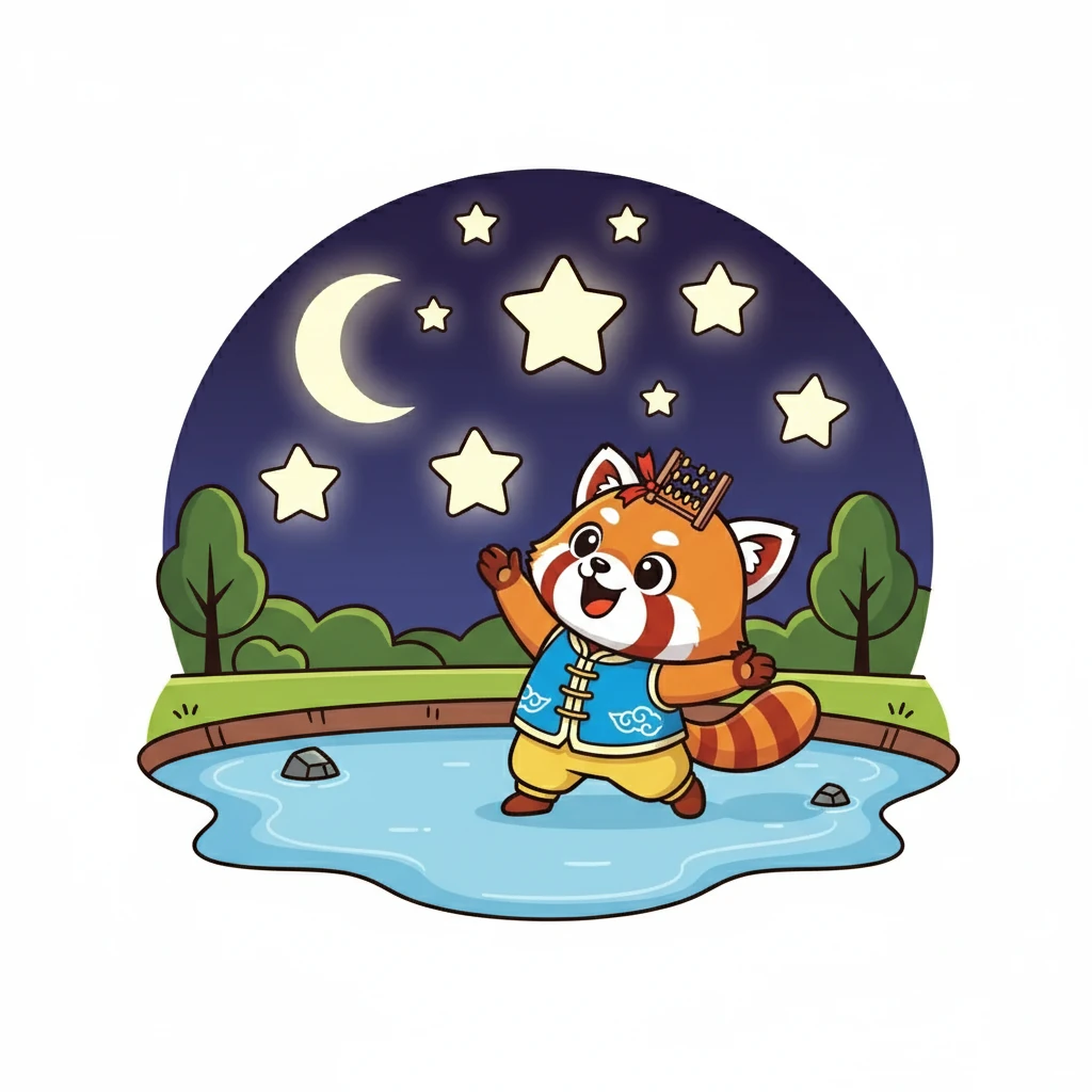 在池塘旁边,小点点看到了七颗闪亮的星星,它们在夜空中闪耀着光芒。小点点伸出手,似乎想要抓住它们。